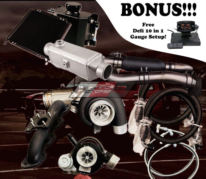 Automotive parts including a turbocharger and intercooler with a 'BONUS' offer for a Defi 10 in 1 Gauge Setup on a dark background.