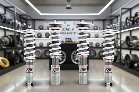 Four suspension shock absorbers with Flexpriority branding on a white background